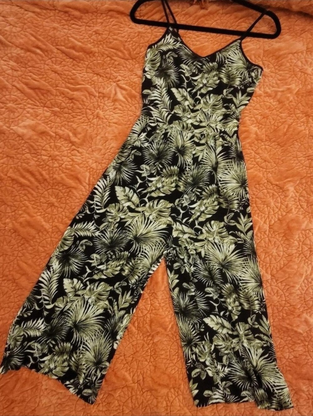 Black & Olive Tropical Print Wide-Leg Jumpsuit